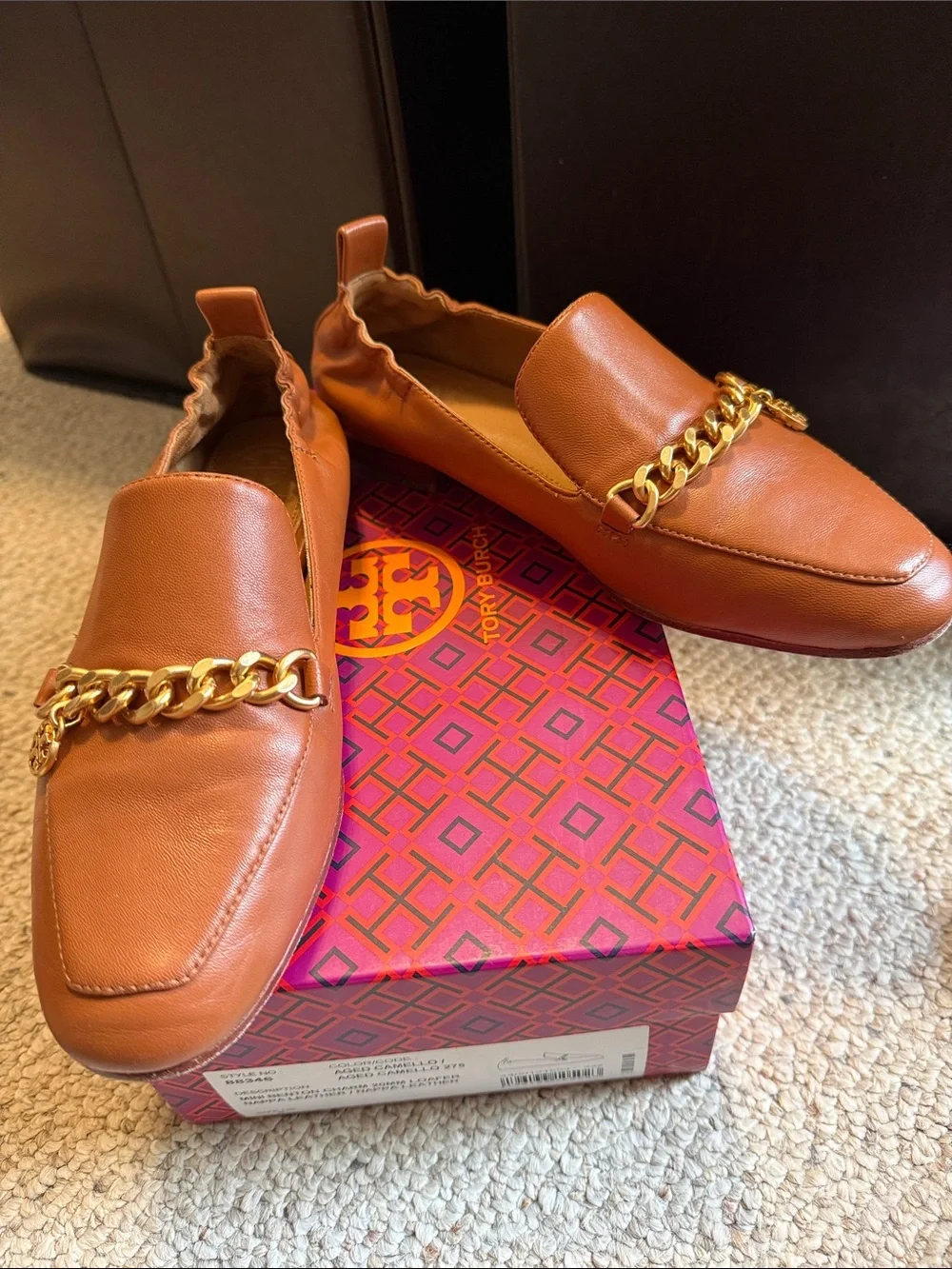 Tory Burch Cognac Leather Loafers with Gold Chain